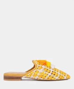 Rag & Co Flats MARIANA Yellow Woven Flat Mules With Tassels