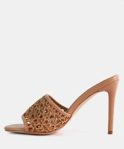 Rag & Co TEASE Mocca Woven Heeled Slides Sandals