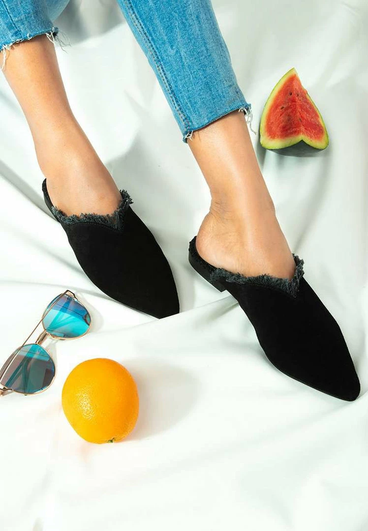 Rag & Co Flats MOLLY Black Frayed Leather Mules 9 Rag & Co Flats MOLLY Black Frayed Leather Mules