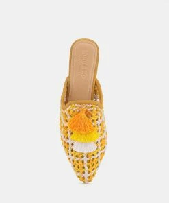Rag & Co Flats MARIANA Yellow Woven Flat Mules With Tassels