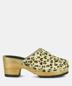 Rag & Co ACER Fine Suede Printed Leopard Clog Slides In Beige Clogs