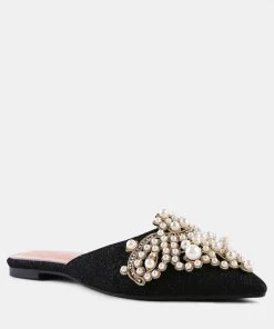 Rag & Co ASTRE Embellished Delicate Pearl Mules In Black