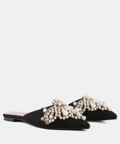 Rag & Co ASTRE Embellished Delicate Pearl Mules In Black