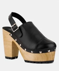 Rag & Co Official Store 22 Rag & Co ALONA Black Slingback High Block Heeled Clogs