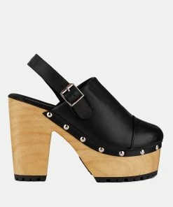 Rag & Co ALONA Black Slingback High Block Heeled Clogs
