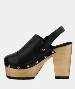 Rag & Co ALONA Black Slingback High Block Heeled Clogs