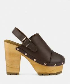 Rag & Co ALONA Brown Slingback High Block Heeled Clogs