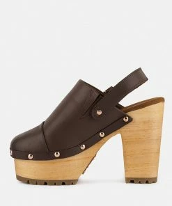 Rag & Co ALONA Brown Slingback High Block Heeled Clogs