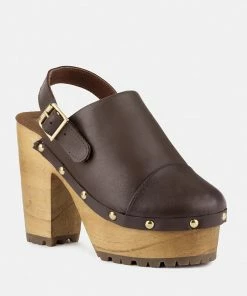 Rag & Co Official Store 24 Rag & Co ALONA Brown Slingback High Block Heeled Clogs