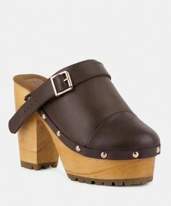 Rag & Co ALONA Brown Slingback High Block Heeled Clogs