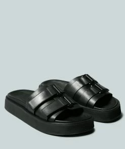 Rag & Co X ANISTON Buckled Flatform Black Slip-On Sandal Flats