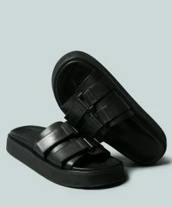 Rag & Co X ANISTON Buckled Flatform Black Slip-On Sandal Flats 12 Rag & Co X ANISTON Buckled Flatform Black Slip-On Sandal Flats