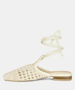 Rag & Co BARTSI Off White Handwoven Cotton Tie Up Mule Flats