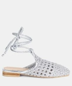 Rag & Co BARTSI Silver Handwoven Cotton Tie Up Mule Flats