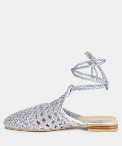 Rag & Co BARTSI Silver Handwoven Cotton Tie Up Mule Flats