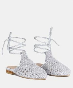 Rag & Co BARTSI Silver Handwoven Cotton Tie Up Mule Flats