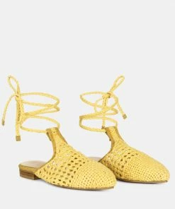 Rag & Co BARTSI Yellow Handwoven Cotton Tie Up Mule Flats