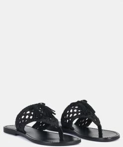 Rag & Co BEECH Handwoven Natural Black Suede Tassel Thong Flats