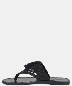 Rag & Co BEECH Handwoven Natural Black Suede Tassel Thong Flats