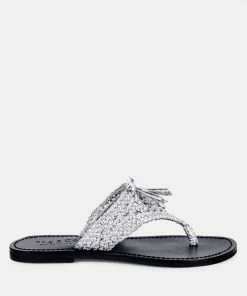 Rag & Co BEECH Handwoven Natural Silver Suede Tassel Thong Flats
