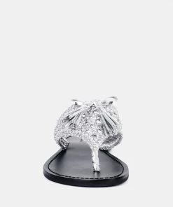 Rag & Co BEECH Handwoven Natural Silver Suede Tassel Thong Flats