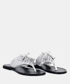 Rag & Co BEECH Handwoven Natural Silver Suede Tassel Thong Flats