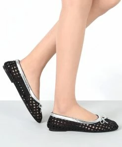 Rag & Co Brionna Black Cotton Mesh Flat Ballerinas