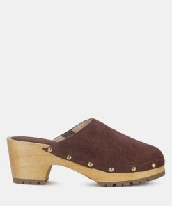Rag & Co Clogs CEDRUS Fine Suede Studded Clog Mules In Brown