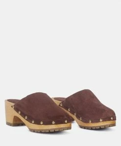 Rag & Co Clogs CEDRUS Fine Suede Studded Clog Mules In Brown