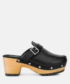 Rag & Co CHOCTAV Black Handcrafted Leather Clogs