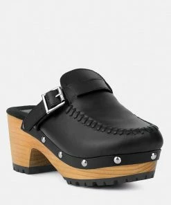 Rag & Co CHOCTAV Black Handcrafted Leather Clogs