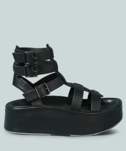 Rag & Co X CRUZ Gladiator Platform Leather Sandal In Black Sandals