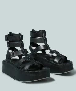 Rag & Co X CRUZ Gladiator Platform Leather Sandal In Black Sandals