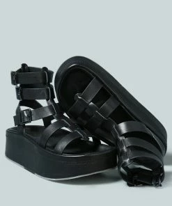 Rag & Co X CRUZ Gladiator Platform Leather Sandal In Black Sandals