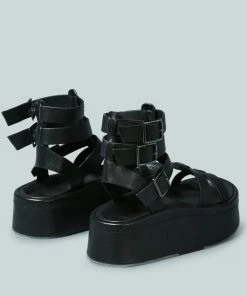 Rag & Co X CRUZ Gladiator Platform Leather Sandal In Black Sandals
