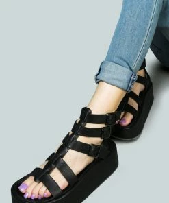 Rag & Co X CRUZ Gladiator Platform Leather Sandal In Black Sandals
