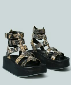 Rag & Co X CRUZ Gladiator Platform Leather Sandal In Snake Print Sandals