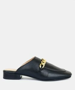 Rag & Co Honey Leather Metal Chain Mules In Black Flats