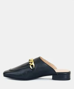 Rag & Co Honey Leather Metal Chain Mules In Black Flats