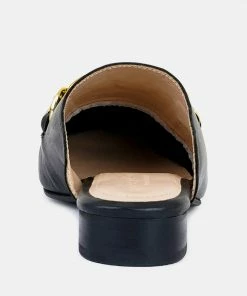 Rag & Co Honey Leather Metal Chain Mules In Black Flats