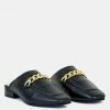 Rag & Co Honey Leather Metal Chain Mules In Black Flats