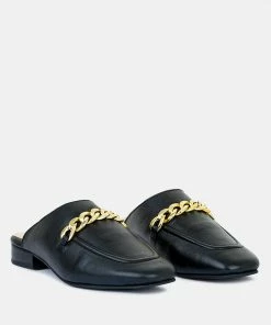 Rag & Co Honey Leather Metal Chain Mules In Black Flats