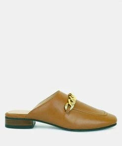 Rag & Co Flats Honey Leather Metal Chain Mules In Tan
