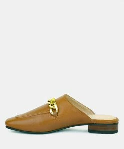 Rag & Co Flats Honey Leather Metal Chain Mules In Tan