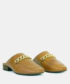 Rag & Co Flats Honey Leather Metal Chain Mules In Tan