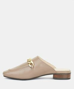 Rag & Co Honey Leather Metal Chain Mules In Taupe Flats