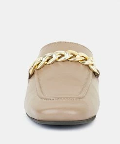 Rag & Co Honey Leather Metal Chain Mules In Taupe Flats