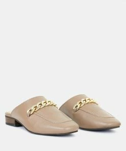 Rag & Co Honey Leather Metal Chain Mules In Taupe Flats