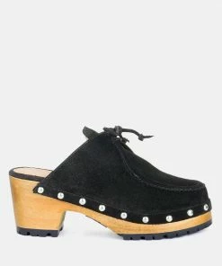 Rag & Co IROKO Black Suede Tie Detail Stud Clogs