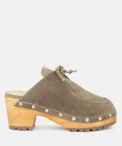 Rag & Co IROKO Taupe Suede Tie Detail Stud Clogs